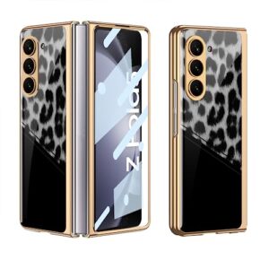 fyton case for galaxy z fold 5 case - light luxury electroplated frame with patterned glass, built-in screen protector compatible with samsung galaxy z fold 5 case, leopard print
