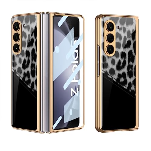 FYTON Case for Galaxy Z Fold 5 Case - Light Luxury Electroplated Frame with Patterned Glass, Built-in Screen Protector Compatible with Samsung Galaxy Z Fold 5 Case, Leopard Print