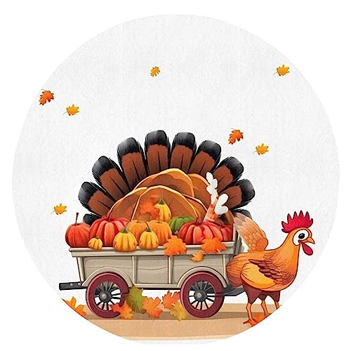 Super Soft Round Area Rug, Thanksgiving Turkey on Pumpkin Car Printed Flannel Bath Rug Non-Slip Circle Rug Washable Throw Rugs Decor Floor Mat Carpet for Living Room Sofa Bedroom 24 in