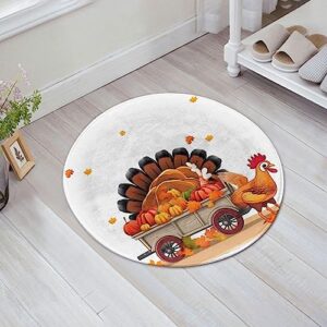 Super Soft Round Area Rug, Thanksgiving Turkey on Pumpkin Car Printed Flannel Bath Rug Non-Slip Circle Rug Washable Throw Rugs Decor Floor Mat Carpet for Living Room Sofa Bedroom 24 in