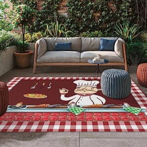 Absorbant Area Rug, Kitchen Decor Cartoon Chef Gourmet Food Dinner Table Wine Red Buffalo Check Outdoor Non-Slip Bottom Carpet Mat for Patio Camping Rv Picnic Backyard Deck Balcony Porch Beach 4x6 ft