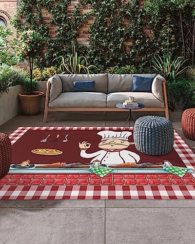 Absorbant Area Rug, Kitchen Decor Cartoon Chef Gourmet Food Dinner Table Wine Red Buffalo Check Outdoor Non-Slip Bottom Carpet Mat for Patio Camping Rv Picnic Backyard Deck Balcony Porch Beach 4x6 ft