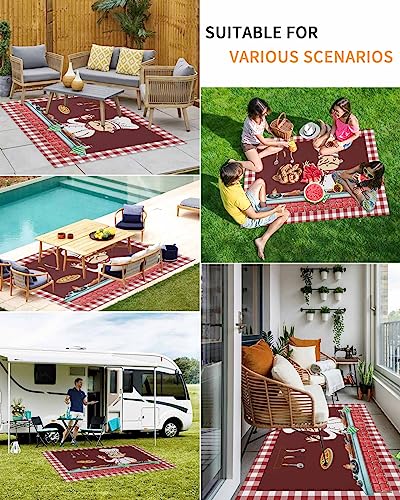 Absorbant Area Rug, Kitchen Decor Cartoon Chef Gourmet Food Dinner Table Wine Red Buffalo Check Outdoor Non-Slip Bottom Carpet Mat for Patio Camping Rv Picnic Backyard Deck Balcony Porch Beach 4x6 ft