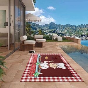 Absorbant Area Rug, Kitchen Decor Cartoon Chef Gourmet Food Dinner Table Wine Red Buffalo Check Outdoor Non-Slip Bottom Carpet Mat for Patio Camping Rv Picnic Backyard Deck Balcony Porch Beach 4x6 ft