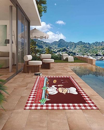 Absorbant Area Rug, Kitchen Decor Cartoon Chef Gourmet Food Dinner Table Wine Red Buffalo Check Outdoor Non-Slip Bottom Carpet Mat for Patio Camping Rv Picnic Backyard Deck Balcony Porch Beach 4x6 ft