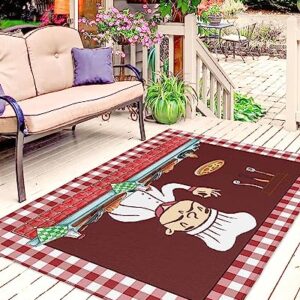 Absorbant Area Rug, Kitchen Decor Cartoon Chef Gourmet Food Dinner Table Wine Red Buffalo Check Outdoor Non-Slip Bottom Carpet Mat for Patio Camping Rv Picnic Backyard Deck Balcony Porch Beach 4x6 ft