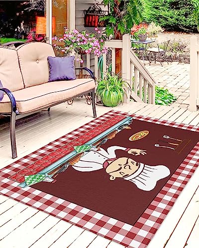 Absorbant Area Rug, Kitchen Decor Cartoon Chef Gourmet Food Dinner Table Wine Red Buffalo Check Outdoor Non-Slip Bottom Carpet Mat for Patio Camping Rv Picnic Backyard Deck Balcony Porch Beach 4x6 ft