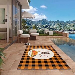 Outdoor Patio Rugs Pumpkin Sunflowers Fallen Leaves Outdoor Area Rug Orange Checkered Non-Slip Backyard/Camping RV Rug/Deck/Porch Rug Front Door Floor Mat Carpet,5x8ft,