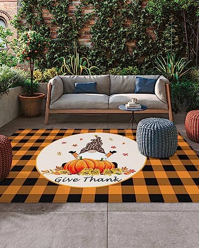 Outdoor Patio Rugs Pumpkin Sunflowers Fallen Leaves Outdoor Area Rug Orange Checkered Non-Slip Backyard/Camping RV Rug/Deck/Porch Rug Front Door Floor Mat Carpet,5x8ft,