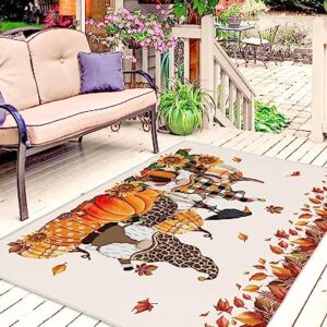 Outdoor Patio Rugs Fall Maple Leaves Gnome Outdoor Area Rug Harvest Pumpkin Sunflower Non-Slip Backyard/Camping RV Rug/Deck/Porch Rug Front Door Floor Mat Carpet,4x6ft,