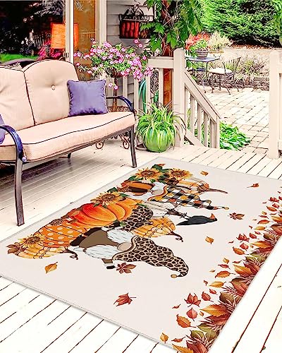 Outdoor Patio Rugs Fall Maple Leaves Gnome Outdoor Area Rug Harvest Pumpkin Sunflower Non-Slip Backyard/Camping RV Rug/Deck/Porch Rug Front Door Floor Mat Carpet,4x6ft,