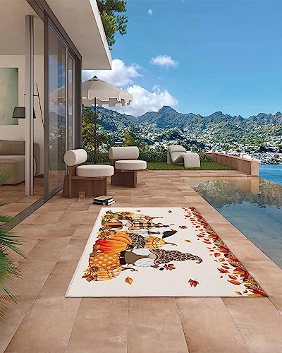 Outdoor Patio Rugs Fall Maple Leaves Gnome Outdoor Area Rug Harvest Pumpkin Sunflower Non-Slip Backyard/Camping RV Rug/Deck/Porch Rug Front Door Floor Mat Carpet,4x6ft,