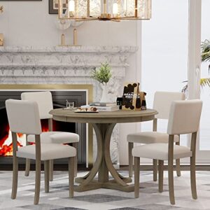 Merax 5-Piece Retro Round Dining Table Set with Curved Trestle Style Legs and 4 Upholstered Chairs, Kitchen Furniture, Taupe