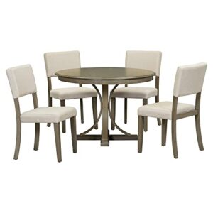 Merax 5-Piece Retro Round Dining Table Set with Curved Trestle Style Legs and 4 Upholstered Chairs, Kitchen Furniture, Taupe