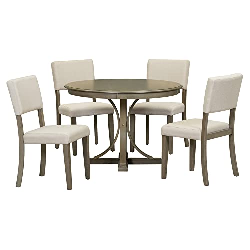 Merax 5-Piece Retro Round Dining Table Set with Curved Trestle Style Legs and 4 Upholstered Chairs, Kitchen Furniture, Taupe