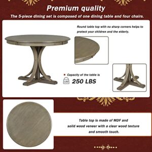 Merax 5-Piece Retro Round Dining Table Set with Curved Trestle Style Legs and 4 Upholstered Chairs, Kitchen Furniture, Taupe