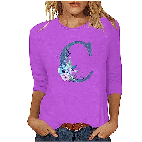 Amazon Deals Women's Fashion Outfits Monogram Print 3/4 Sleeve Blouse Shirts Casual Loose Funny Clothes Ladies Going Out Top Shirt My Orders Placed Purple l