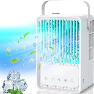 Portable Air Conditioners, 4-IN-1 Evaporative Personal Air Cooler Humidifier with 3 Speeds 7 Colors Light, 1-8H Timing Mini Personal Air Conditioner Fan, USB Quiet Air Cooler for Room Office Desk