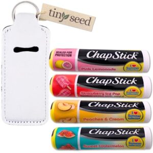 set of 4 lip balms including pink lemonade, peaches & cream, strawberry ice pop, and sweet watermelon from chapstick, plus bonus lip balm holder keychain. unique gift bundle from tiny seed (white)