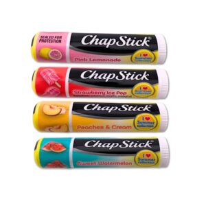 Set of 4 Lip Balms Including Pink Lemonade, Peaches & Cream, Strawberry Ice Pop, and Sweet Watermelon from Chapstick, Plus Bonus Lip Balm Holder Keychain. Unique Gift Bundle from Tiny Seed (White)