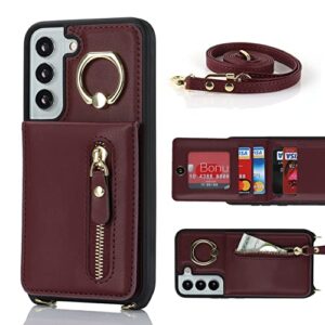 Jaorty Samsung Galaxy S21 5G Phone Case for Women with Card Holder,Crossbody Phone Case for Samsung Galaxy S21 with Strap Lanyard,Credit Card Slots Kickstand Case with Ring Holder,Burgundy