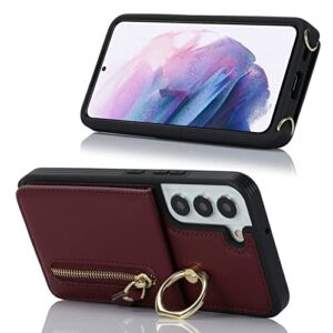 Jaorty Samsung Galaxy S21 5G Phone Case for Women with Card Holder,Crossbody Phone Case for Samsung Galaxy S21 with Strap Lanyard,Credit Card Slots Kickstand Case with Ring Holder,Burgundy