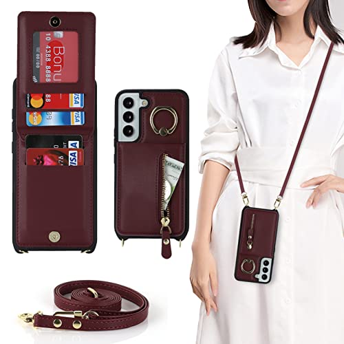 Jaorty Samsung Galaxy S21 5G Phone Case for Women with Card Holder,Crossbody Phone Case for Samsung Galaxy S21 with Strap Lanyard,Credit Card Slots Kickstand Case with Ring Holder,Burgundy