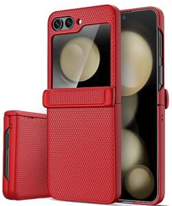 vihibii for samsung galaxy z flip 5 case with hinge protection & back screen protector, slim fit stylish non-slip texture shockproof rugged phone cover case for samsung galaxy z flip 5 5g 2023, red