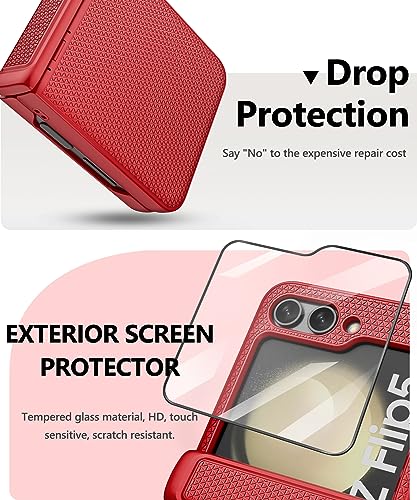 Vihibii for Samsung Galaxy Z Flip 5 Case with Hinge Protection & Back Screen Protector, Slim Fit Stylish Non-Slip Texture Shockproof Rugged Phone Cover Case for Samsung Galaxy Z Flip 5 5G 2023, Red