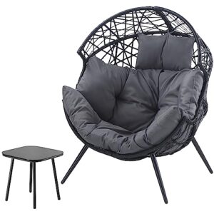 yiguo patio wicker egg chair with table, egg basket lounger with cushion and stand, pe rattan cuddle chair for patio, backyard, balcony, poolside, living room,indoor & outdoor dark gray