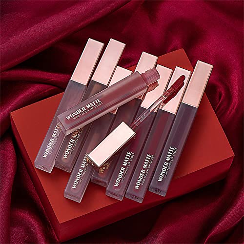 JDEFEG Rouge Lip Gloss 7Pcs Liquid Lipstick + 1Pcs Lip Plumper Makeup Set Kit Long Lasting Velvet Lip Gloss Set Pigmented Lip Makeup Sets For Girls And Women Lip Voltage Plumper(A)