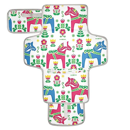 Swedish Folk Horse Portable Baby Changing Pad Travel Diaper Changing Pad Foldable Waterproof Changing Mat Station with Built-in Pillow for Newborn Essentials Gifts