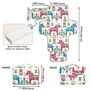 Swedish Folk Horse Portable Baby Changing Pad Travel Diaper Changing Pad Foldable Waterproof Changing Mat Station with Built-in Pillow for Newborn Essentials Gifts