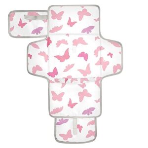 pink butterflies portable baby changing pad travel diaper changing pad foldable waterproof changing station with built-in pillow for baby gifts stuff newborn