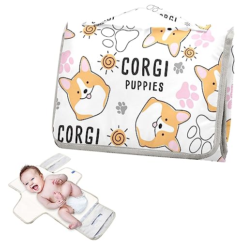 Cute Corgi Portable Baby Changing Pad Diaper Changing Table Pad Foldable Waterproof Travel Changing Station with Built-in Pillow for Baby Newborn Essentials