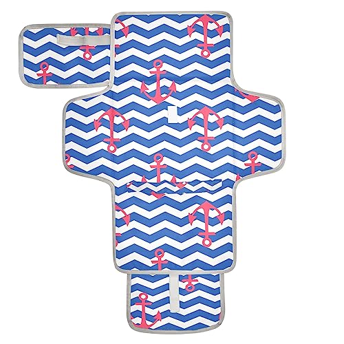 Nautical Anchors Wavy Portable Baby Changing Pad Diaper Changing Table Pad Waterproof Travel Changing Station Mat with Built-in Pillow for Baby Newborn Gift Stuff