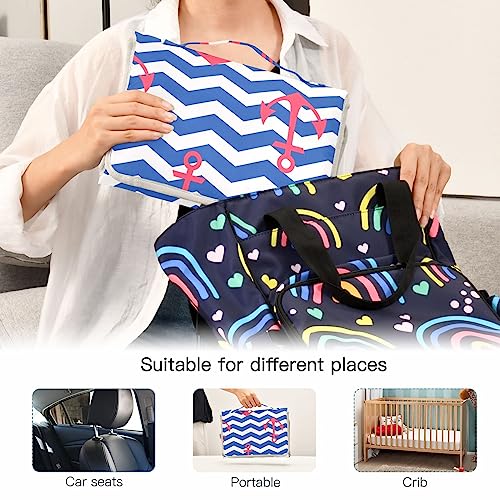 Nautical Anchors Wavy Portable Baby Changing Pad Diaper Changing Table Pad Waterproof Travel Changing Station Mat with Built-in Pillow for Baby Newborn Gift Stuff