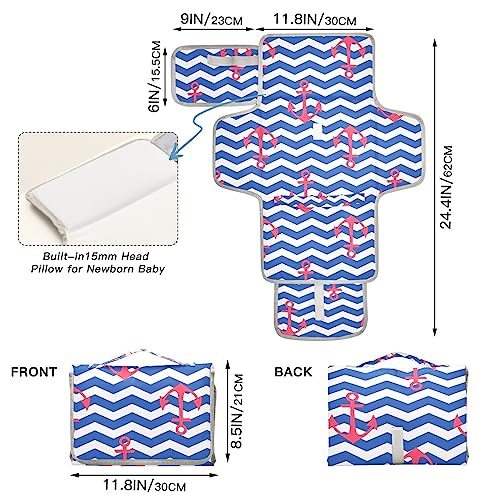 Nautical Anchors Wavy Portable Baby Changing Pad Diaper Changing Table Pad Waterproof Travel Changing Station Mat with Built-in Pillow for Baby Newborn Gift Stuff