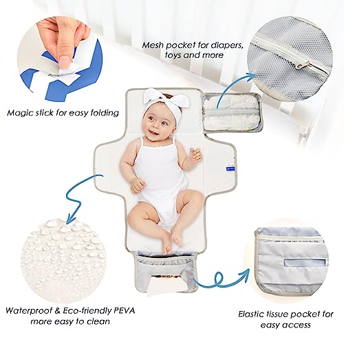 Nautical Anchors Wavy Portable Baby Changing Pad Diaper Changing Table Pad Waterproof Travel Changing Station Mat with Built-in Pillow for Baby Newborn Gift Stuff