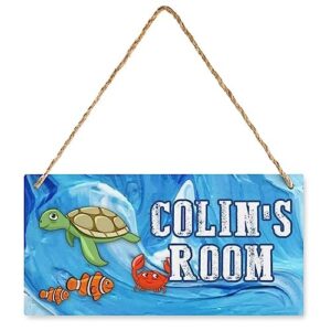 personalized sea creature turtle fish crab room sign boys girls bedroom art wall decor custom name kids baby nursery front door wood plaque