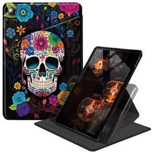 case for amazon fire 7 (7 inch, 9th/7th/5th generation, 2019/2017/2015 release), 360 degree multi-viewing angles adjustable stand pu leather cover, sugar skull
