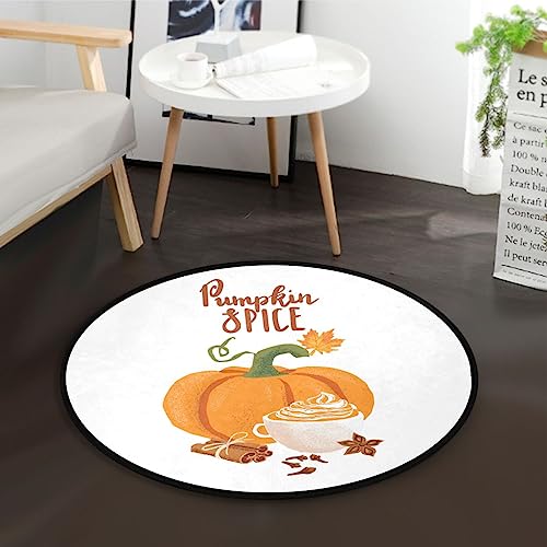 Pumpkin Spice Latter Mug Area Rug Round 3ft Thanksgiving Autumn Circular Carpet Floor Mat Soft Non Skid for Living Room Dining Holiday Decor Seasonal Washable