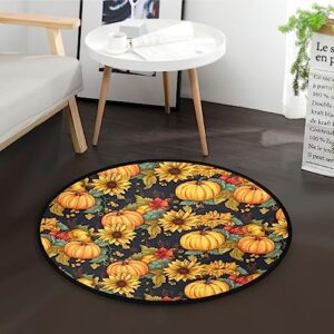 fall pumpkins sunflowers area rug round 3ft thanksgiving circular carpet floor mat soft non skid for living room dining holiday decor seasonal washable