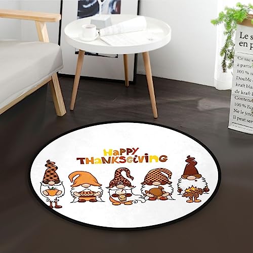 Happy Thanksgiving Gnomes Area Rug Round 3ft Circular Carpet Floor Mat Soft Non Skid for Living Room Dining Holiday Decor Seasonal Washable