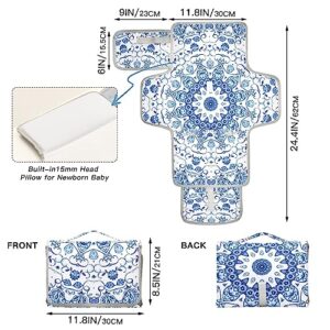 Mandala Blue Portable Baby Changing Pad Diaper Changing Table Pad Foldable Travel Changing Station with Built-in Pillow for Baby Newborn Gifts Essentials