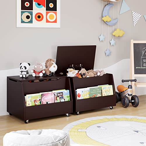 HOUSUIT Wooden Toy Chest, White Kids Toy Box on Wheels for Girls Boys, Toy Storage Organizer Bench with Safety Hinges Lid for Nursery, Toddler Room, Playroom, Bedroom (Dark Brown)