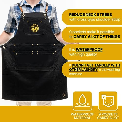 Royal Quisine Chef Apron – Cotton Aprons for Men and Women – Professional Cooking Apron for BBQ, Barista, Chef, Gardener – Comfortable Waist Apron with X-Shaped Straps – Korean Embroidery