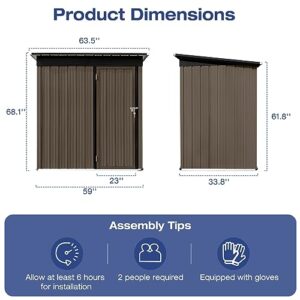 Lyromix 63.5'' × 33.8'' Metal Outdoor Storage Shed with Door & Lock, Waterproof Garden Storage Tool Shed for Backyard Patio,Brown