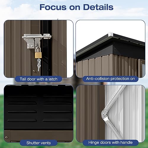 Lyromix 63.5'' × 33.8'' Metal Outdoor Storage Shed with Door & Lock, Waterproof Garden Storage Tool Shed for Backyard Patio,Brown