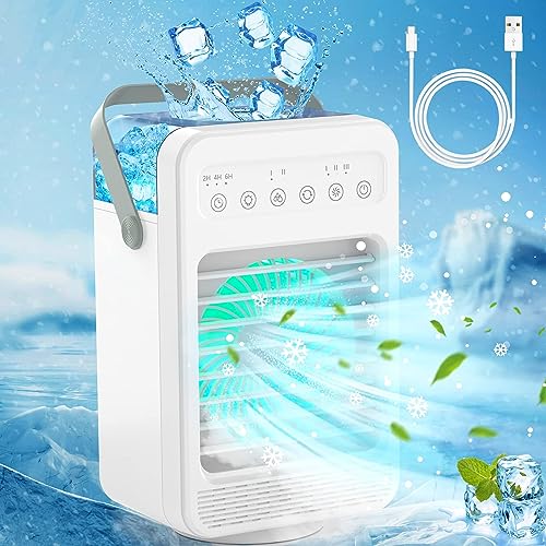 Evaporative Misting Fan with Timer, USB Portable Air Conditioner Fan, 4 Speeds with Night Light, 4 IN 1 USB Personal Air Cooler Desk Fan,Adjustable Head 90° Rotatable for Home Room Office